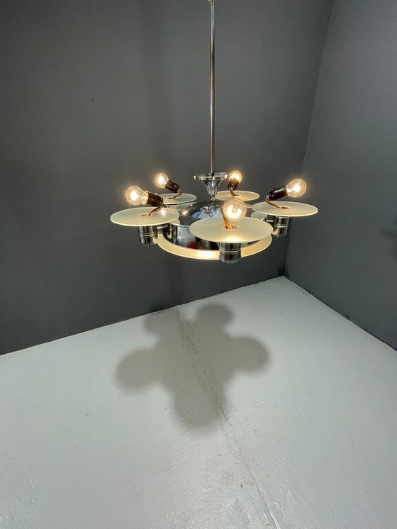 Image 1 of 1930s Art Deco Chrome Chandelier with Frosted Glass Disc Shades – Czech Vintage Lighting