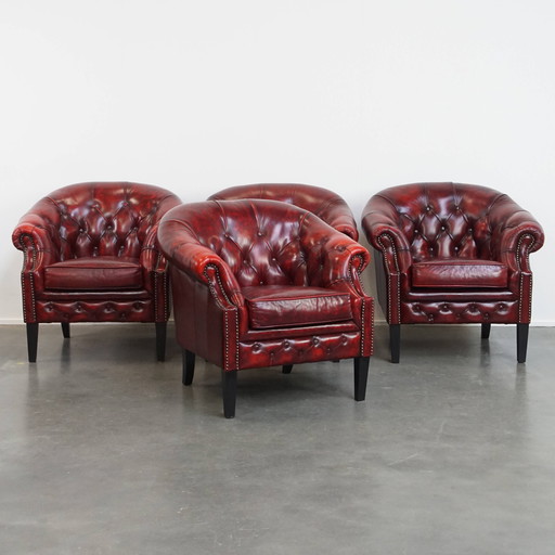 4 x Chesterfield-Clubsessel aus englischem Rindsleder in der Farbe Rot