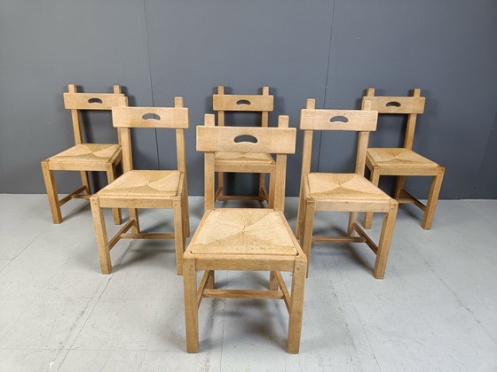 Image 1 of Set van 6 eiken en rieten Brutalistische eetkamerstoelen, 1960S