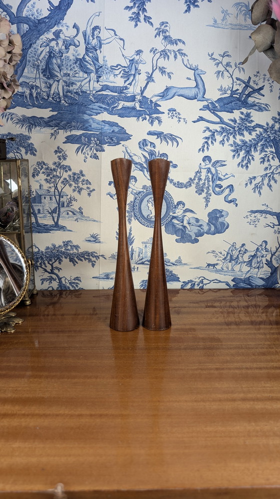 Image 1 of Pair of Scandinavian "Tulip" Candleholders in Vintage Teakwood from the 60s - Mid - Century Design