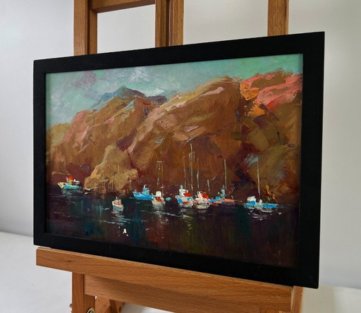 Original Oil Painting Coastal Rock Landscape Sails Against The Backdrop Of Mountains