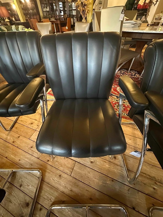 Image 1 of Set of 6 Vintage Walter Knoll ‘Art Collection’ Dining Chairs – Black Leather & Chrome