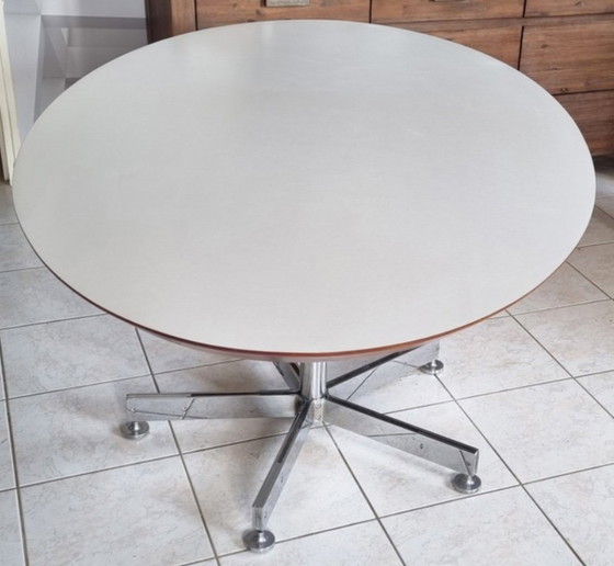 Image 1 of Modernist oval dining table, white top & chrome star base, vintage, 1960s