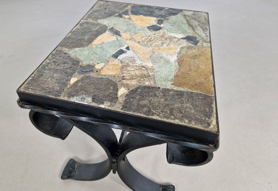 Image 1 of Bijzettafel van smeedijzer en leisteen | jaren 60