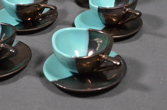 Mid 20th Century Vallauris – Black and Turquoise Blue Faience Coffee Set - 15 pcs – Crockery (photo 3 of 18)