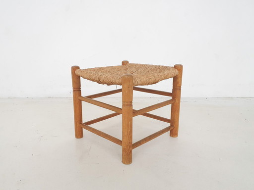 Sgabello vintage in rattan e legno, Francia, anni '60