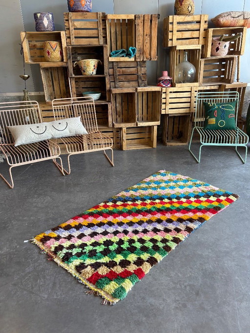 Tapis Boucherouite Marocain Vintage - Tapis à damier