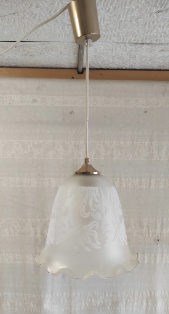Image 1 of Bolvormige hanglamp van gezeefdrukt glas met bloemmotieven - midden 20e eeuw