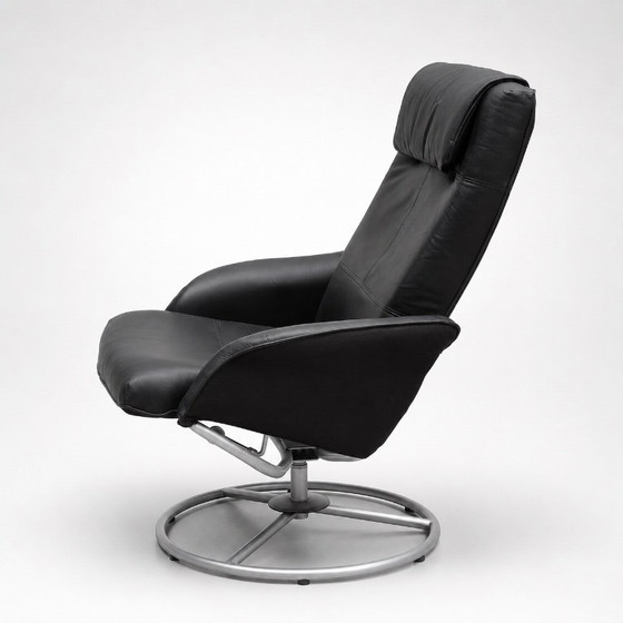 Image 1 of IKEA leren draaibare fauteuil met voetenbank — Verstelbare Scandinavische loungestoel