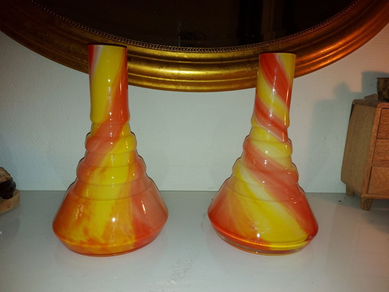 Pair of 1970s Murano Opaline Glass Vases, Carlo Moretti, Glass art, Orange (photo 3 of 8)