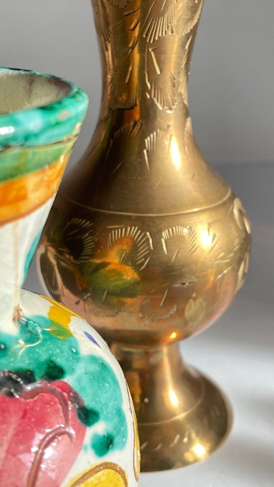 Image 1 of Vintage Handcrafted Ceramic and Brass Vases