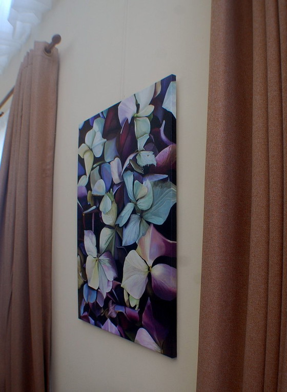 Image 1 of Realistic Hydrangea Painting: Moody Purple Blue Floral Wall Art, Detailed Flower Botanical Decor