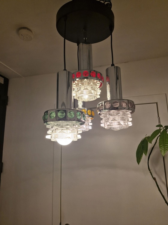 Pendant lamp with four light points, chrome, textured glass and colored accents, Space Age, Ceiling lights (photo 2 of 15)