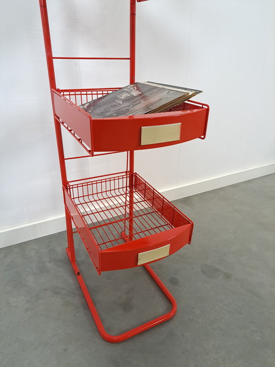 Image 1 of Red Metal Shop Display Case Shop Rack With Baskets Vintage
