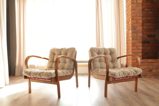 Mid Century Pair Lounge Chairs Czechoslovakian Duet Designer K.Kozelka & A.Kropacek, 1940s, bentwood, natural recycling fabric 