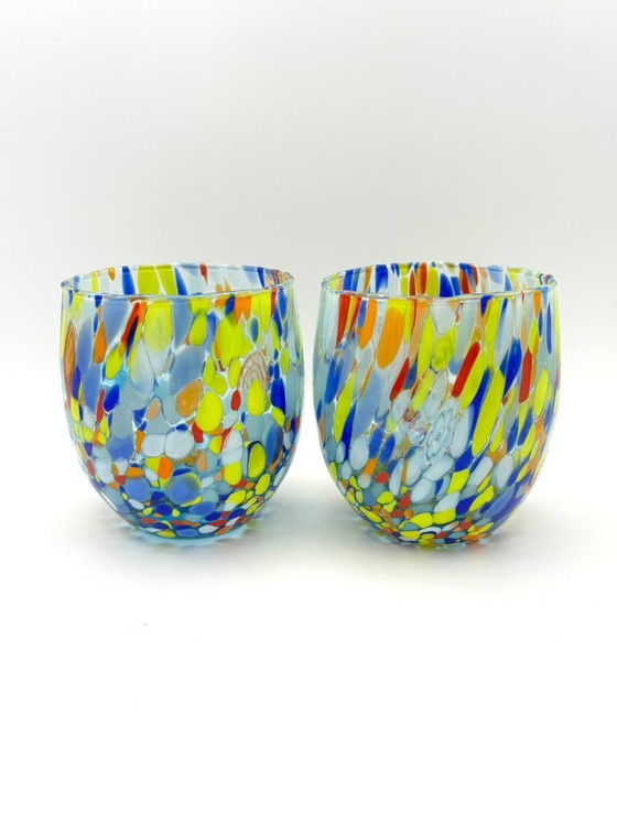 Image 1 of Set di 6 bicchieri in vetro soffiato veneziano con murrine Effetre Murano fuse nel vetro, hand made in italy.