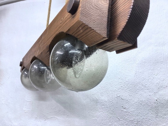 Image 1 of Hanglamp van Temde, gemaakt van hout en glas, met drie lichtpunten, in brutalistische stijl uit de jaren 70.