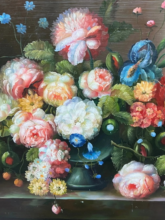 Still life with roses in a beautiful frame on a wooden panel in Flemish style. – Paintings & Drawings (photo 4 of 7)