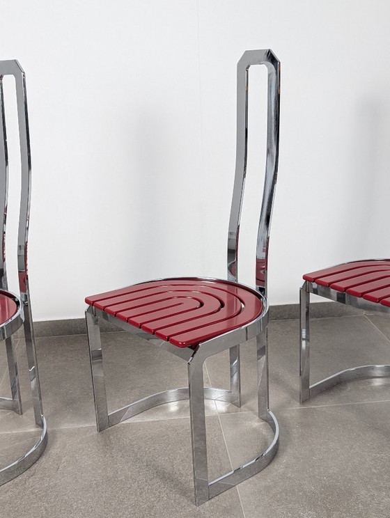 Image 1 of Sedie postmoderne in cromo e legno rosso, set di 4, anni '80