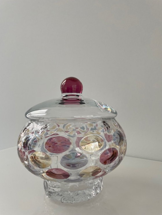 Image 1 of Decorative glass jar with colorful polka dots design