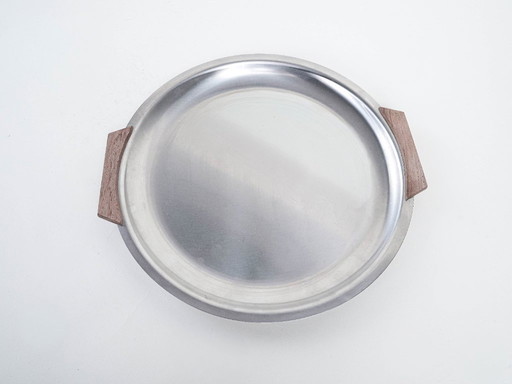 Plateau rond en acier inoxydable, design danois, années 1970, fabriqué au Danemark