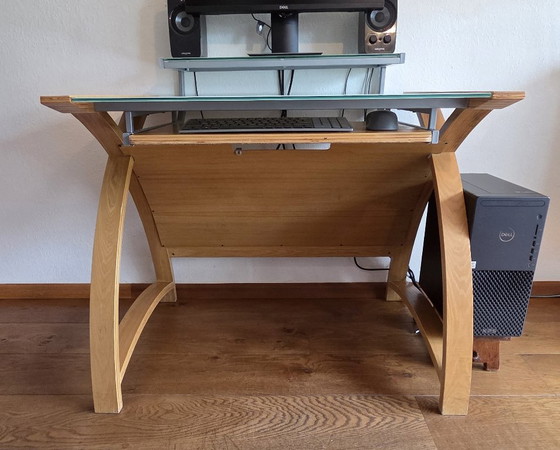 Stijlvol eikenhouten computer meubel met glazen blad, Cohen computerdesks UK, Bureau, Bruin, Modern (foto 5 van 14)