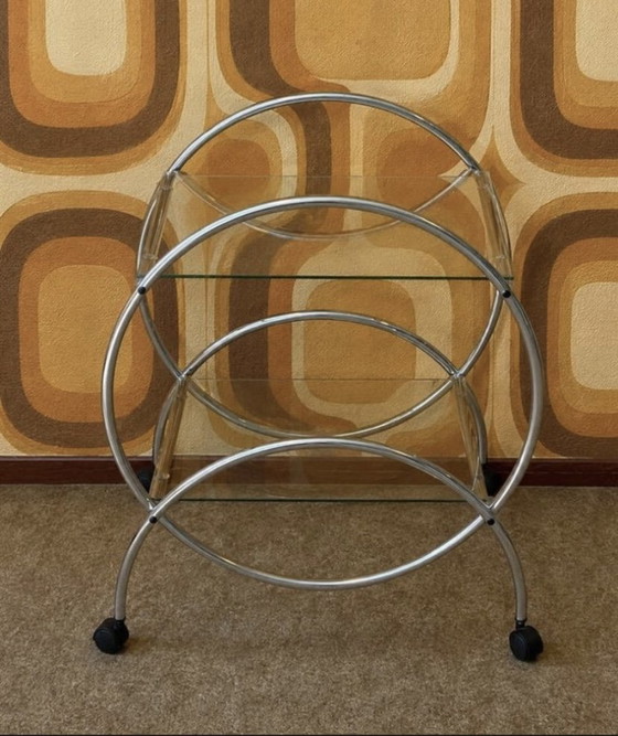 Image 1 of Vintage Bauhaus chrome serving trolley on wheels with two glass shelves