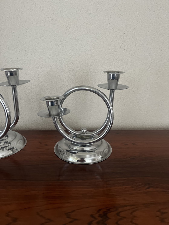 Image 1 of Set of Art Deco chrome candle holders Demeyere 1930s