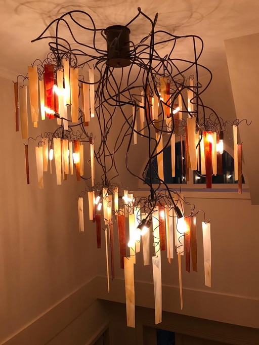 Atelier Wim Mulder – sculptural chandelier in copper and cathedral glass