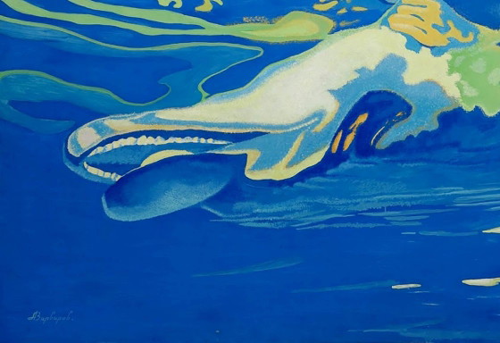 Dipinto ad olio originale, arte moderna, simbolismo, ragazzo di mare, delfino, un tocco di sogno (photo 6 of 7)