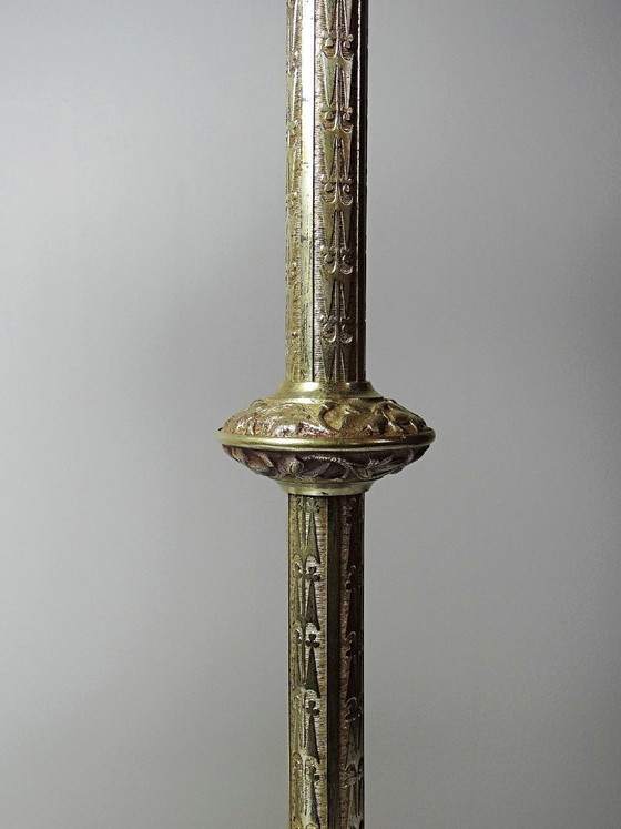 Image 1 of Large pair of antique gilt bronze candlesticks, 19th-century Gothic style