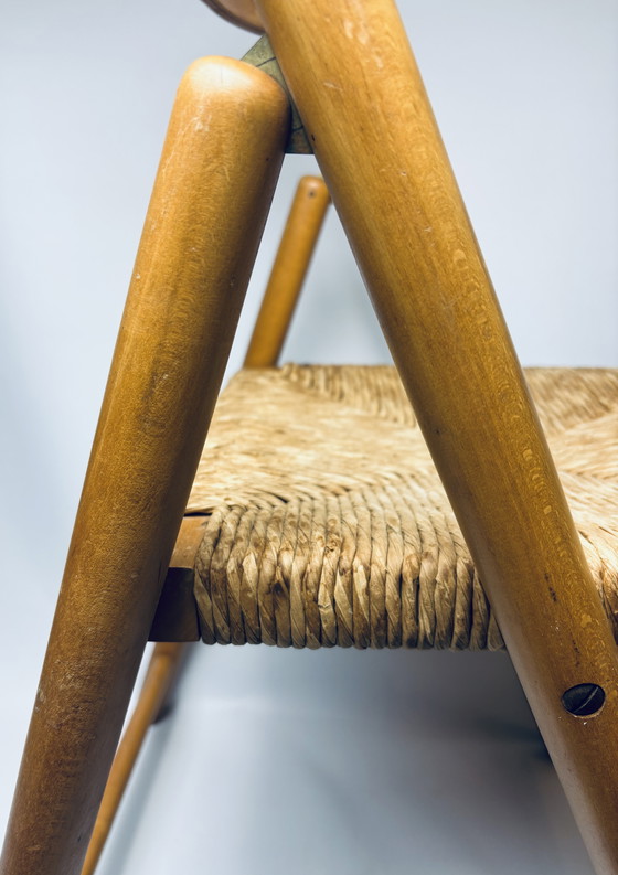 Image 1 of Set of 2 vintage wooden folding chairs with rattan seats – 1970s/1980s kg