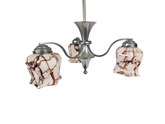 Image 1 of Niederländisches Design – Gispen-Stil – Pendelleuchte – Messing – Marmorglas – Art déco – 1930er Jahre