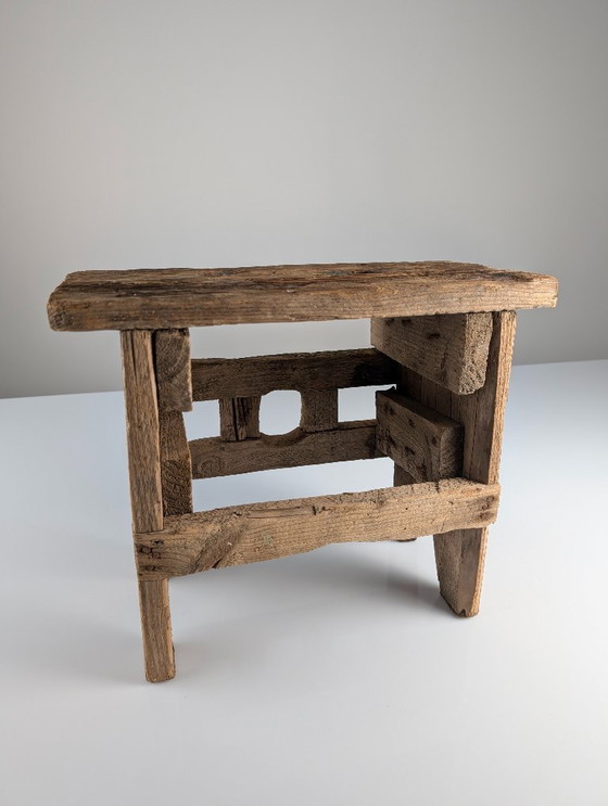 Image 1 of Antique Wood Stool, Wabi Sabi Style, Old Artisan Craftsmanship