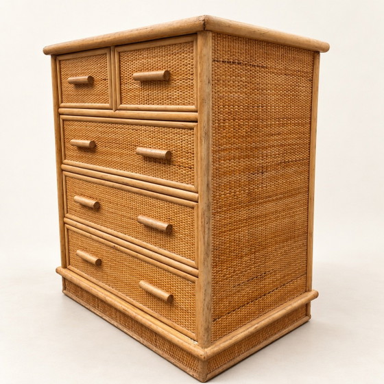 Vintage Woven Rattan Cane Chest of Drawers with Five Drawers - Bohemian Style, Brown (photo 4 of 9)