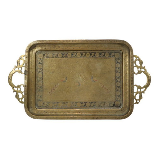 Vassoio orientale in ottone a forma di pavone