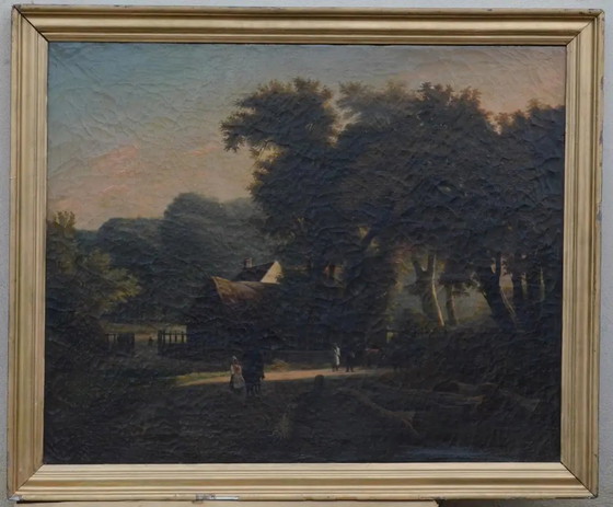 19e-eeuwse Franse School – Groot Olieverf op Doek - Geanimeerd Landschap met Cottage (photo 6 of 11)