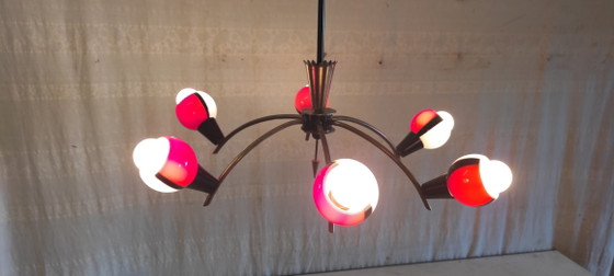 Image 1 of Lustre 6 feux stilnovo en laiton et nverre de murano - années 50