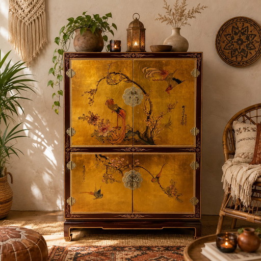 Vintage Chinese kast Bladgoud / Bloemen en Vogels / Bohemian / oosterse/ Aziatische kast 