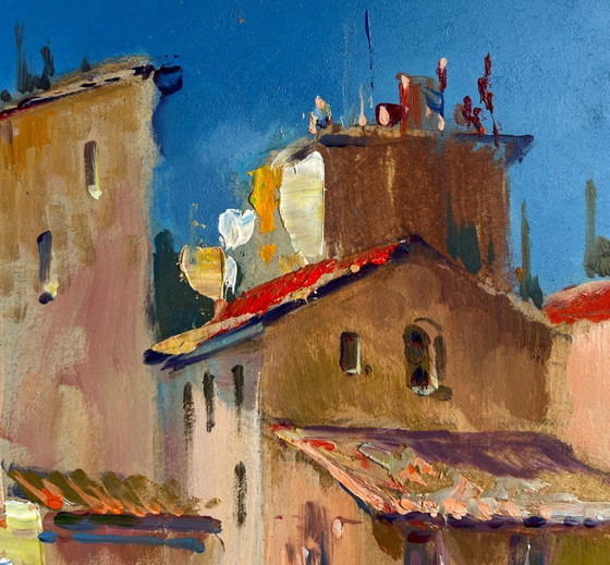 Image 1 of Origineel olieverfschilderij: Stadslandschap aan de rivier, schaduwen van het stadsleven