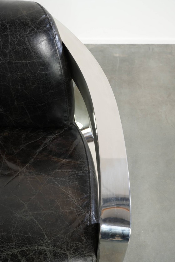 Industrial set of two black cowhide Aviator design armchairs with aluminium and rivets – Leather (photo 9 of 14)