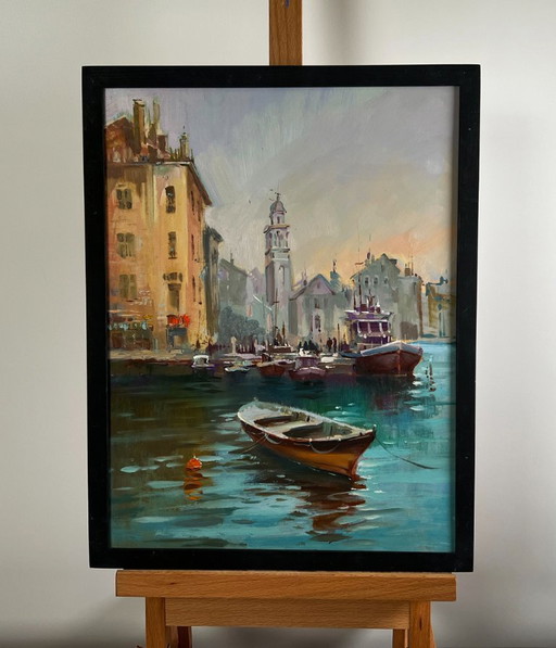 Original Oil Painting Coastal City Landscape Walking tour of the Venetian city