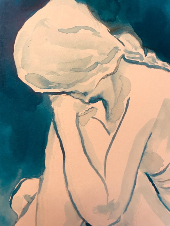 Image 1 of Set of 2 monochrome blue watercolor portraits of a woman, "blueTime"