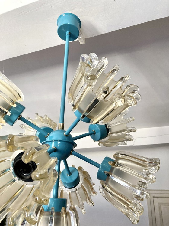 Image 1 of Large 9-light chandelier in molded glass and turquoise metal, Leclaire & Schäfer – 1960s