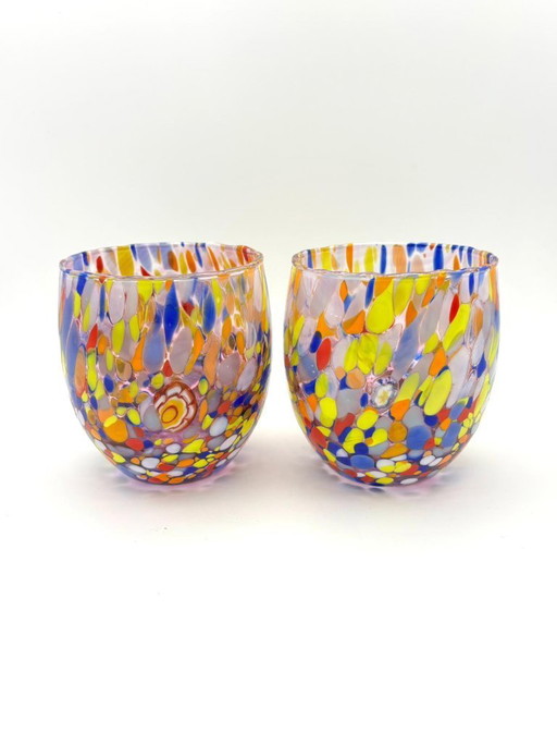 Set di 6 bicchieri in vetro soffiato veneziano con murrine Effetre Murano fuse nel vetro, hand made in italy.