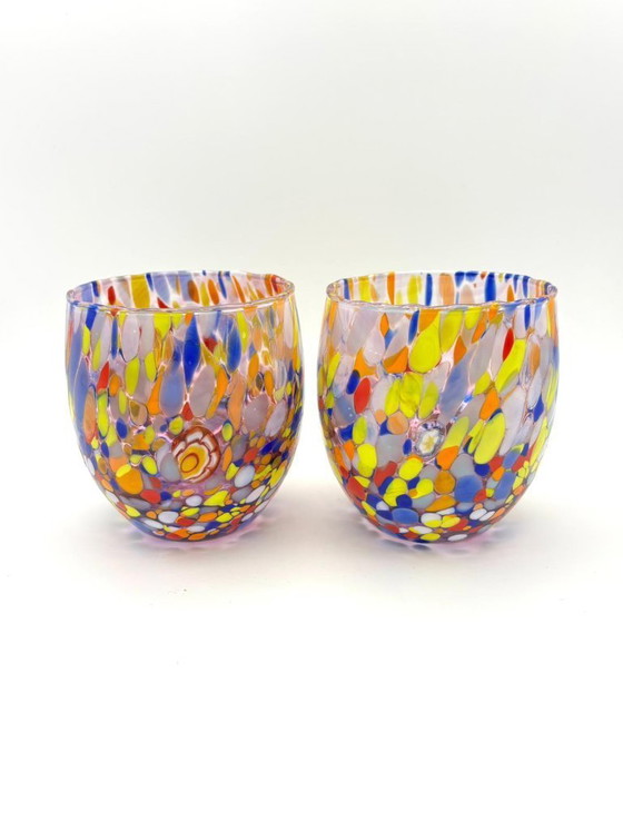 Image 1 of Set di 6 bicchieri in vetro soffiato veneziano con murrine Effetre Murano fuse nel vetro, hand made in italy.