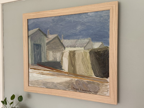 Image 1 of Vintage (1954) olieverfschilderij 'Strandhuizen' van de Zweedse schilder Inga Larsson