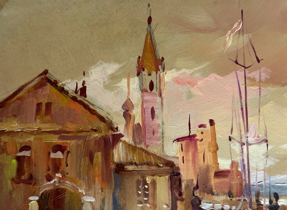 Image 1 of Original Oil Painting Coastal City Landscape The sun is sinking into the sea