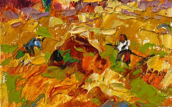 Image 1 of Peinture à l'huile originale, paysage de champ d'été, après-midi d'août