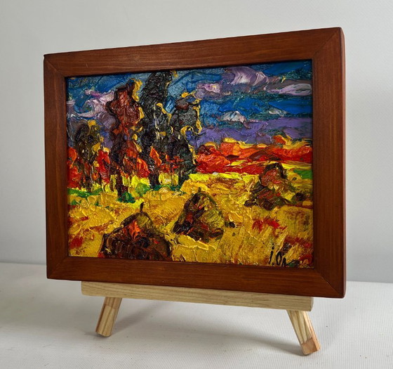 Image 1 of Original Oil Painting Autumn Nature Landscape The sun sets in the field